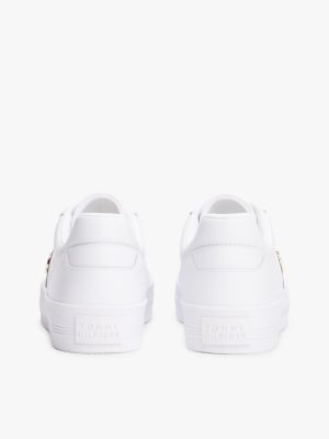 white leather th monogram plaque trainers for women tommy hilfiger