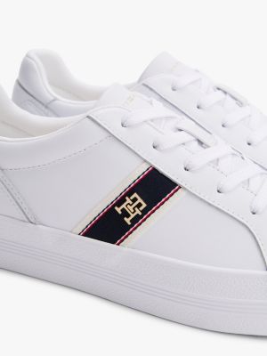 white leather th monogram plaque trainers for women tommy hilfiger