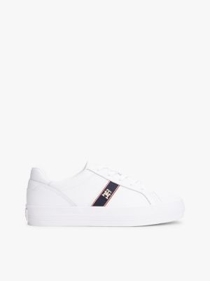 white leather th monogram plaque trainers for women tommy hilfiger