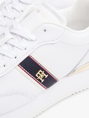 white leather th monogram plaque trainers for women tommy hilfiger