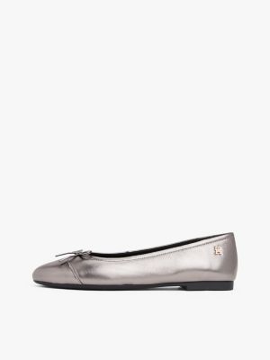 grey metallic leather th monogram ballerinas for women tommy hilfiger