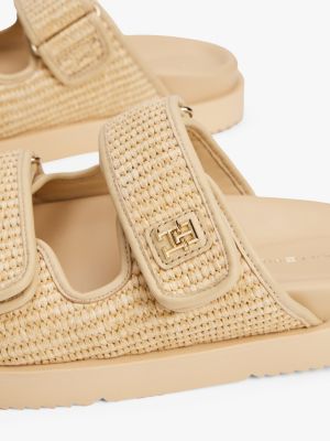 beige th monogram raffia buckle cleat sandals for women tommy hilfiger