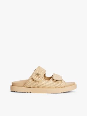 beige th monogram raffia buckle cleat sandals for women tommy hilfiger