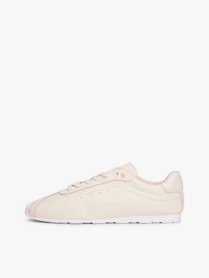 beige th monogram low profile leather trainers for women tommy hilfiger