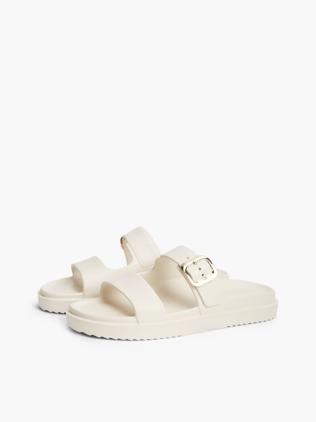 Double Strap Enamel Flag Lightweight Sandals — Beige