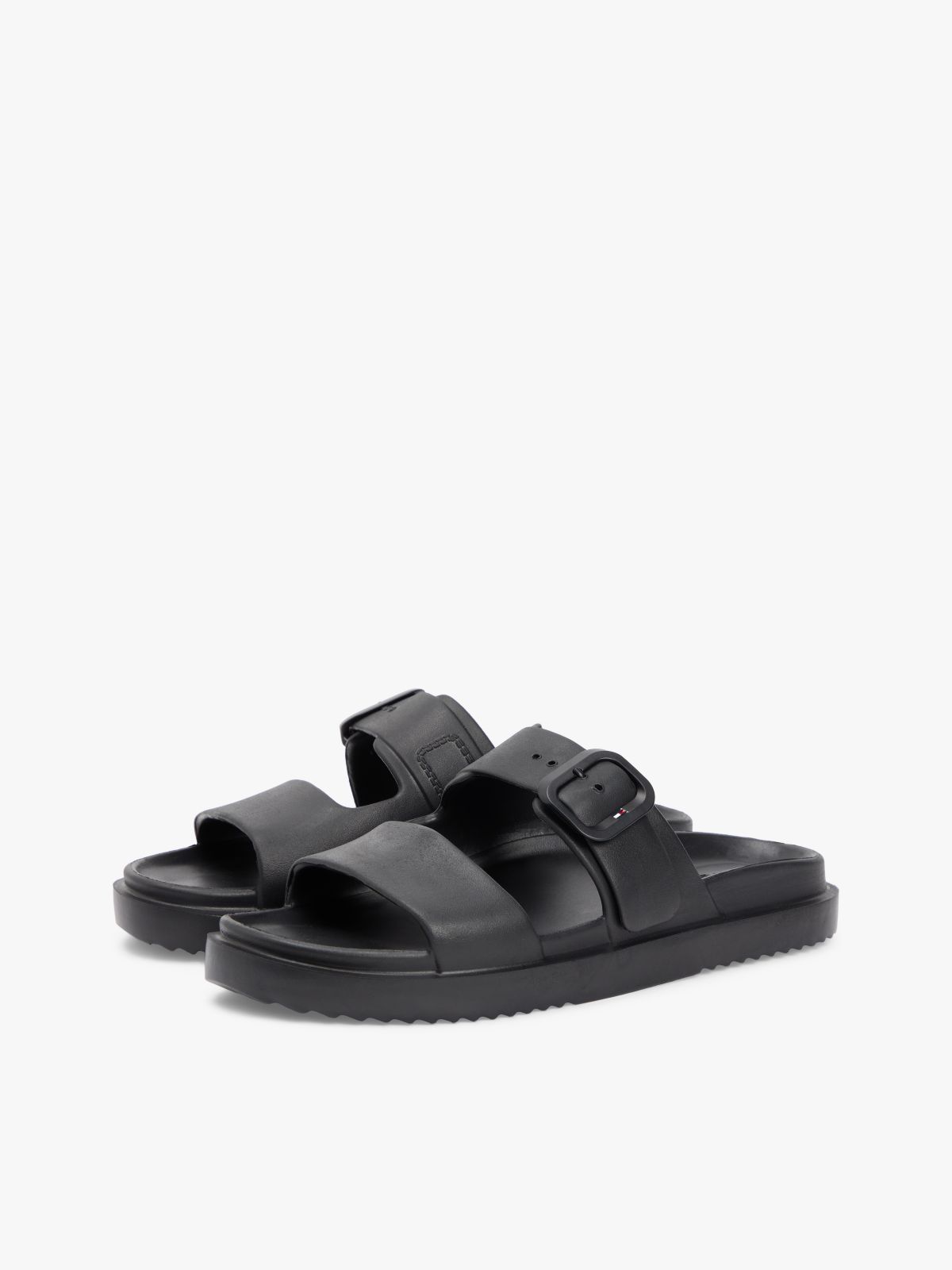 Double Strap Enamel Flag Lightweight Sandals — Black