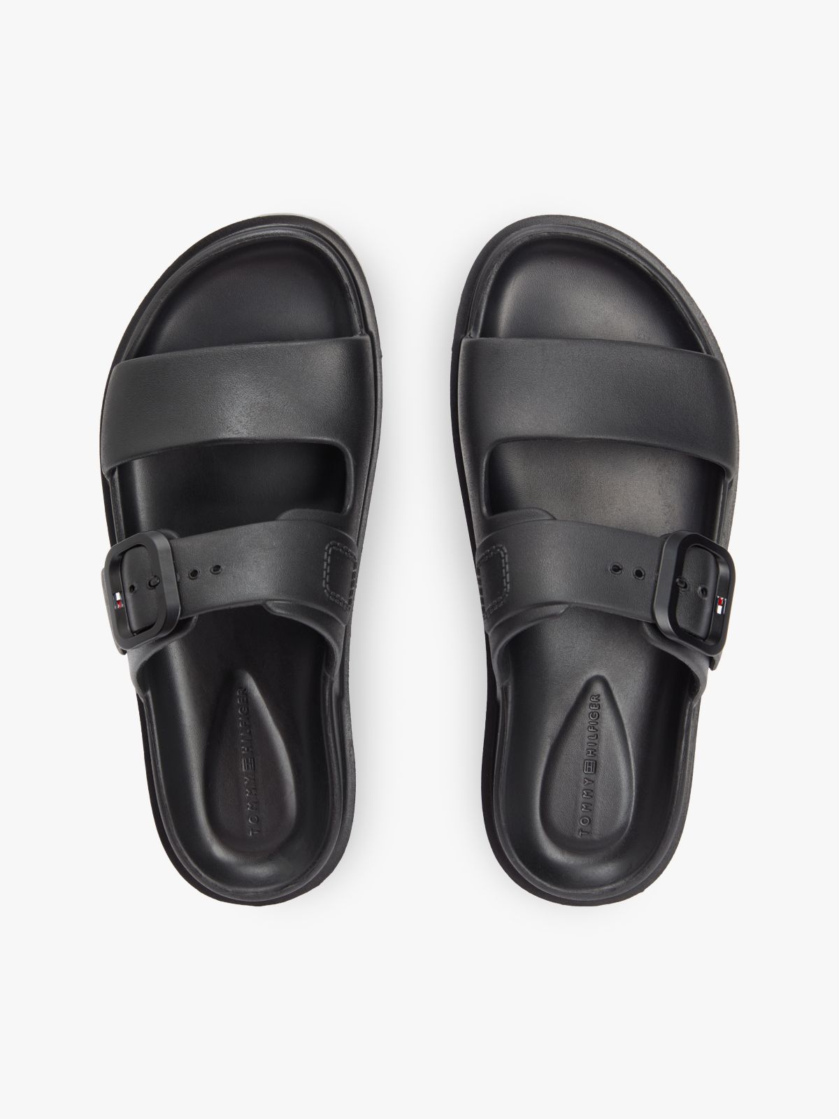 Double Strap Enamel Flag Lightweight Sandals — Black