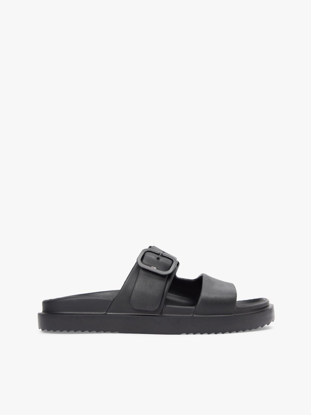 Double Strap Enamel Flag Lightweight Sandals — Black