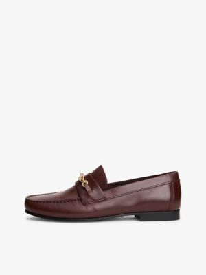 brown leather th monogram horsebit chain loafers for women tommy hilfiger