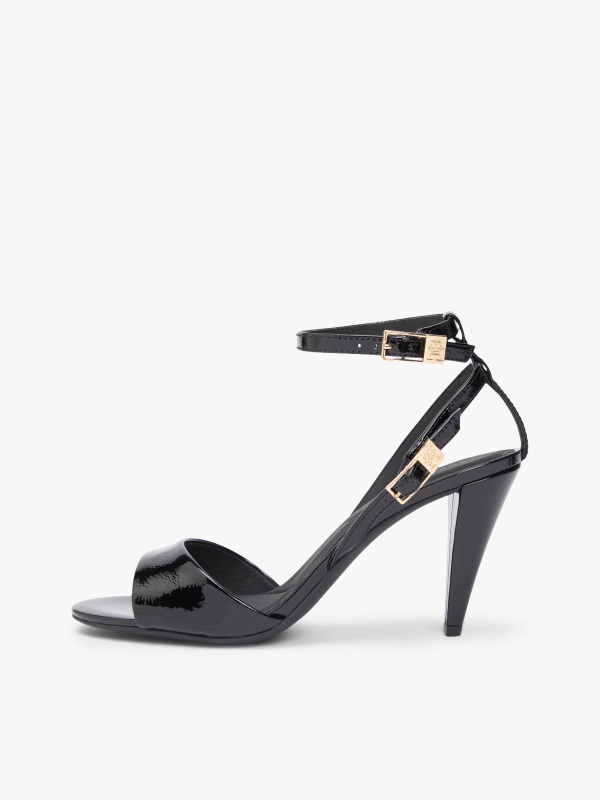 Patent Leather Ankle Strap High Heel Sandals — Black