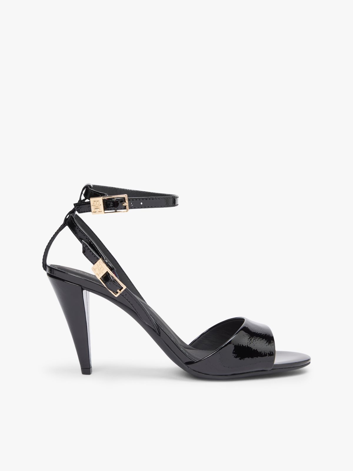 Patent Leather Ankle Strap High Heel Sandals — Black