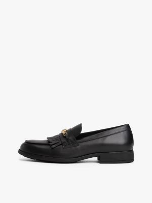 mocassins en cuir avec chaîne à monogramme th noir pour femmes tommy hilfiger