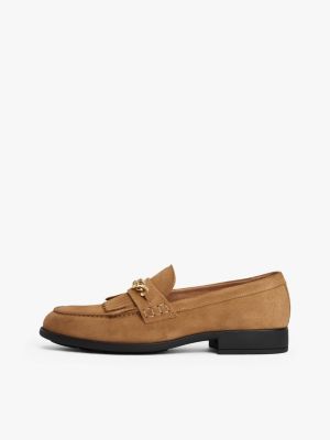 bruin suède loafer met franjes en horsebit voor dames - tommy hilfiger