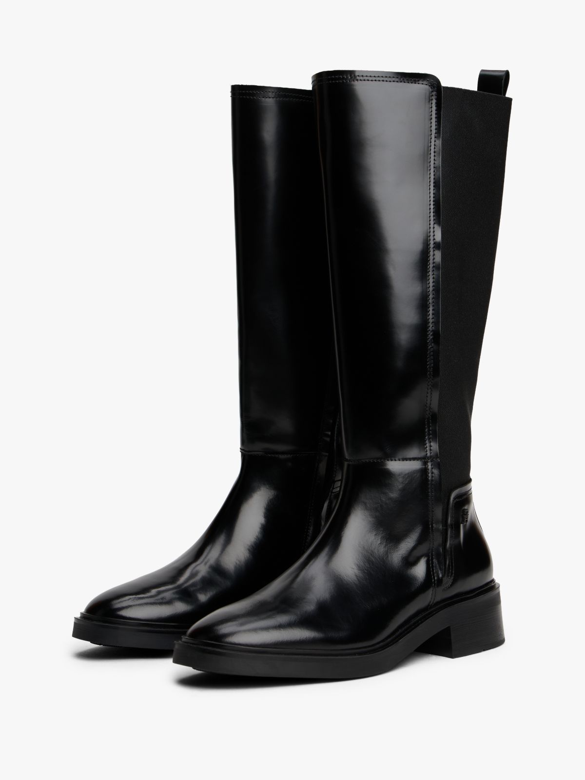 Leather Square Toe Knee-High Boots — Black