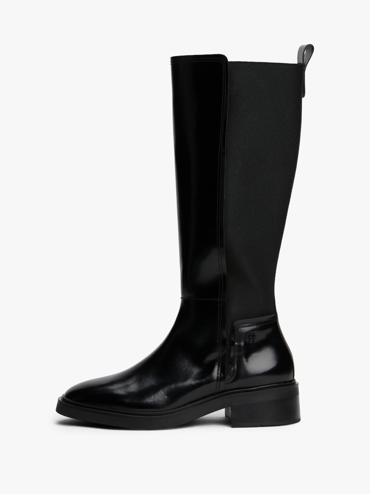 Leather Square Toe Knee-High Boots — Black
