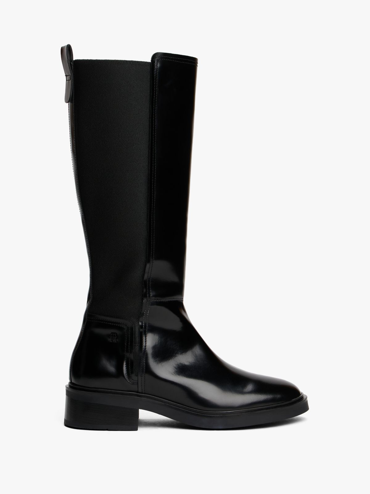 Leather Square Toe Knee-High Boots — Black