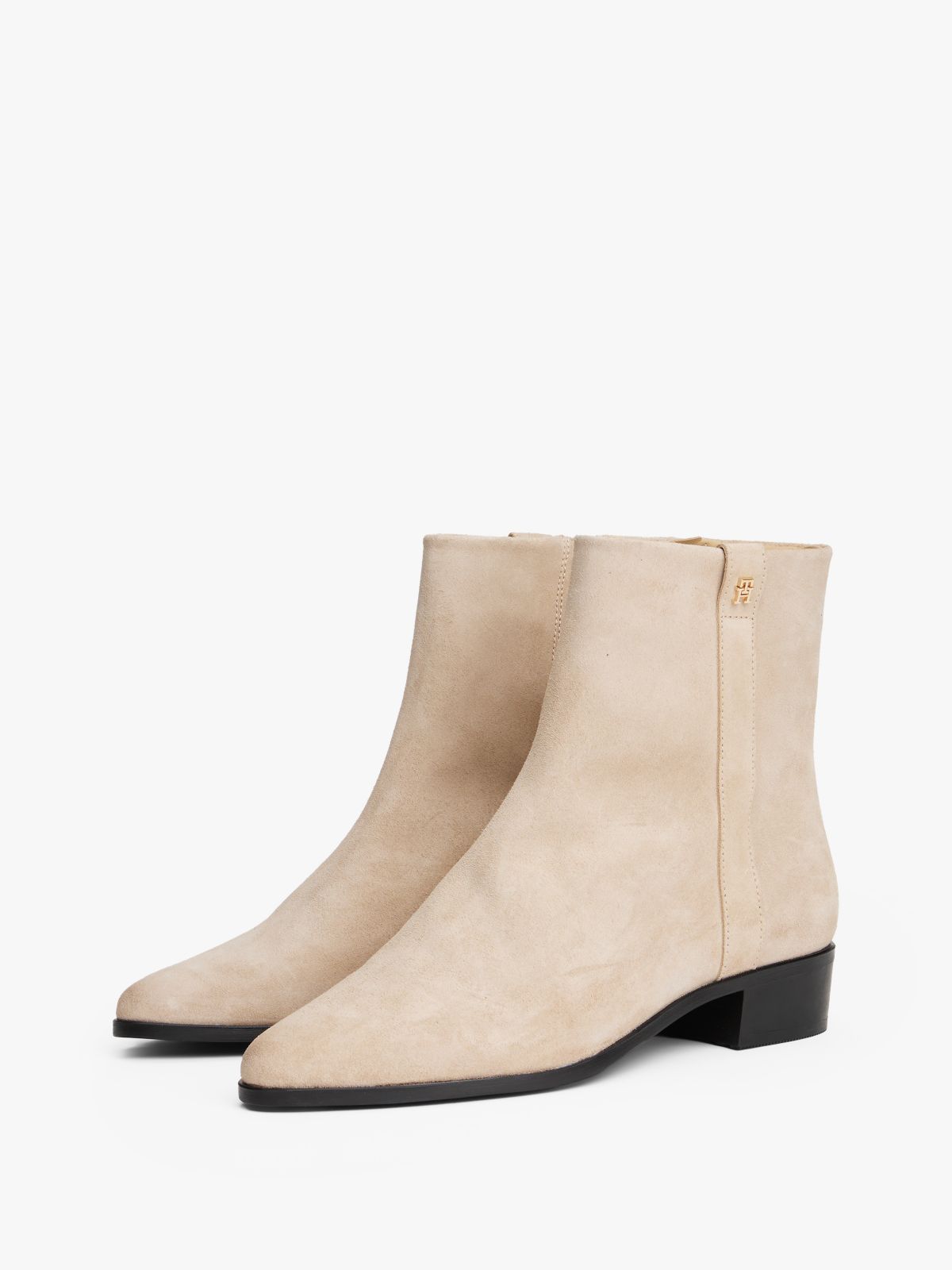 Suede Pointed Toe Ankle Boots — Beige