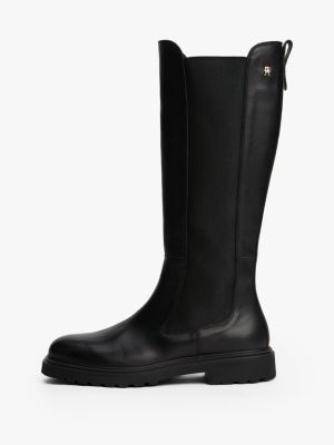 black leather cleat knee-high chelsea boots for women tommy hilfiger