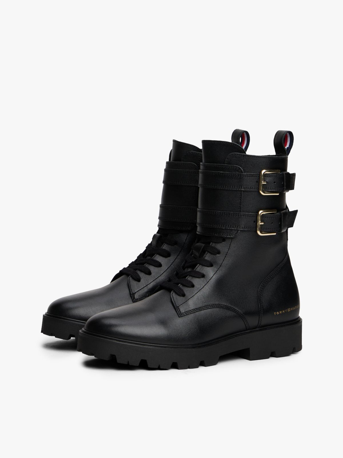 Leather Logo Cleat Biker Boots — Black