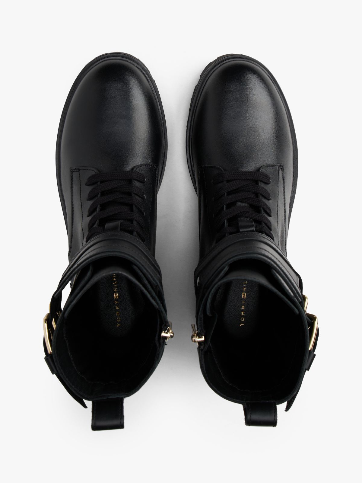 Leather Logo Cleat Biker Boots — Black