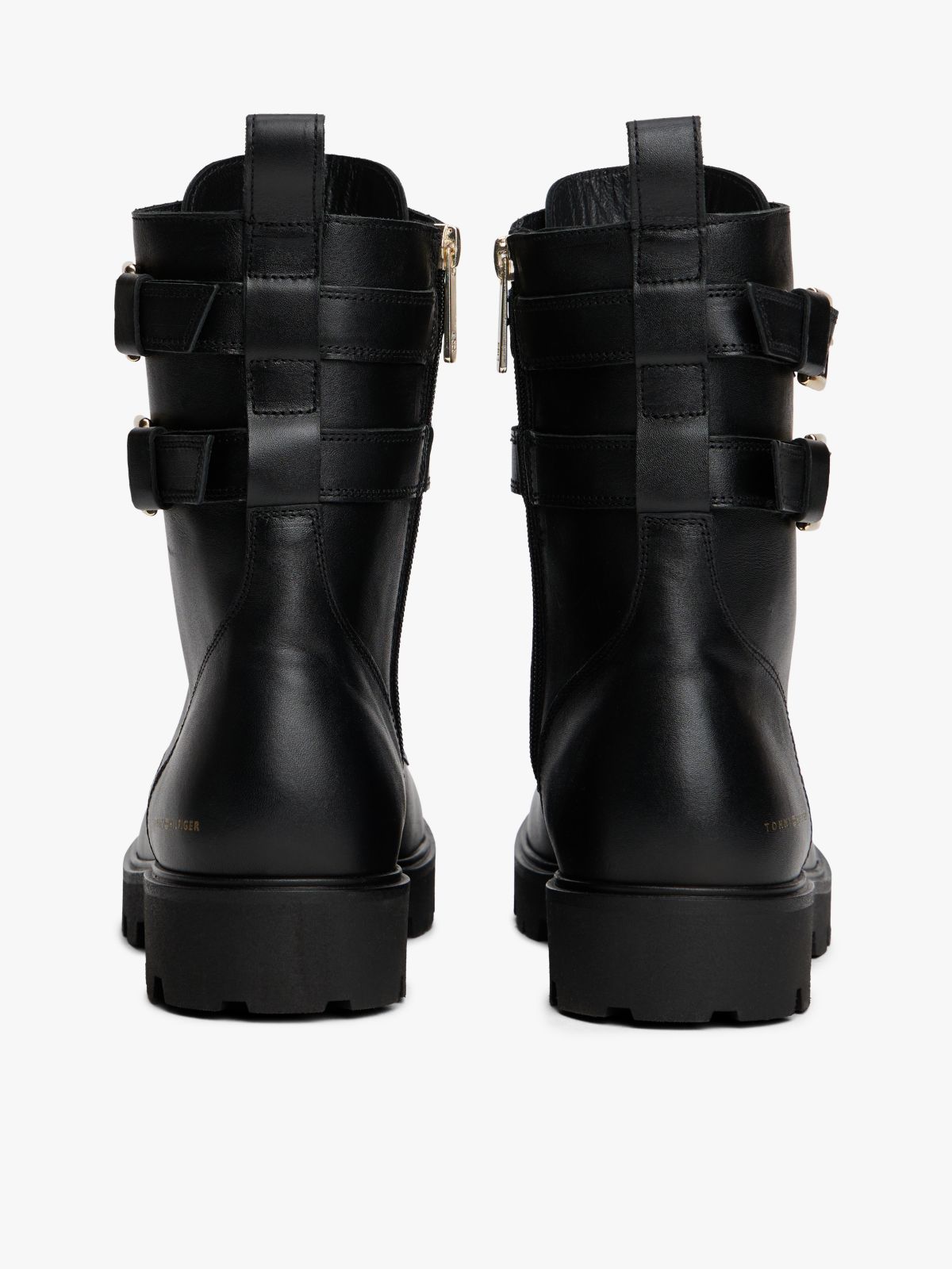 Leather Logo Cleat Biker Boots — Black