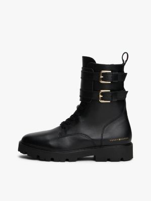 zwart leren bikerlaars met profielzool en logo voor dames - tommy hilfiger