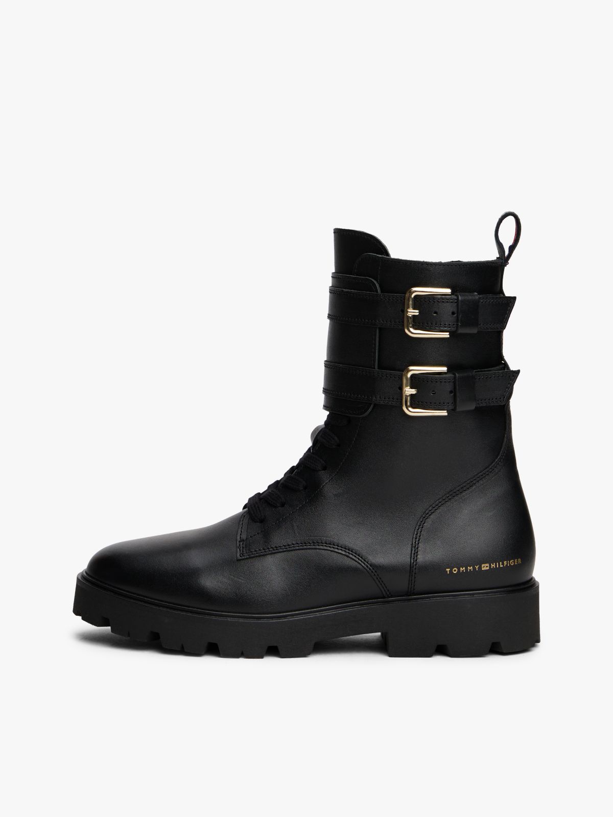 Leather Logo Cleat Biker Boots — Black