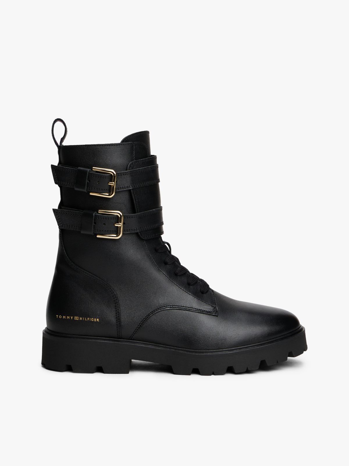 Leather Logo Cleat Biker Boots — Black