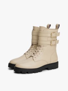 Leather Logo Cleat Biker Boots — Beige 2