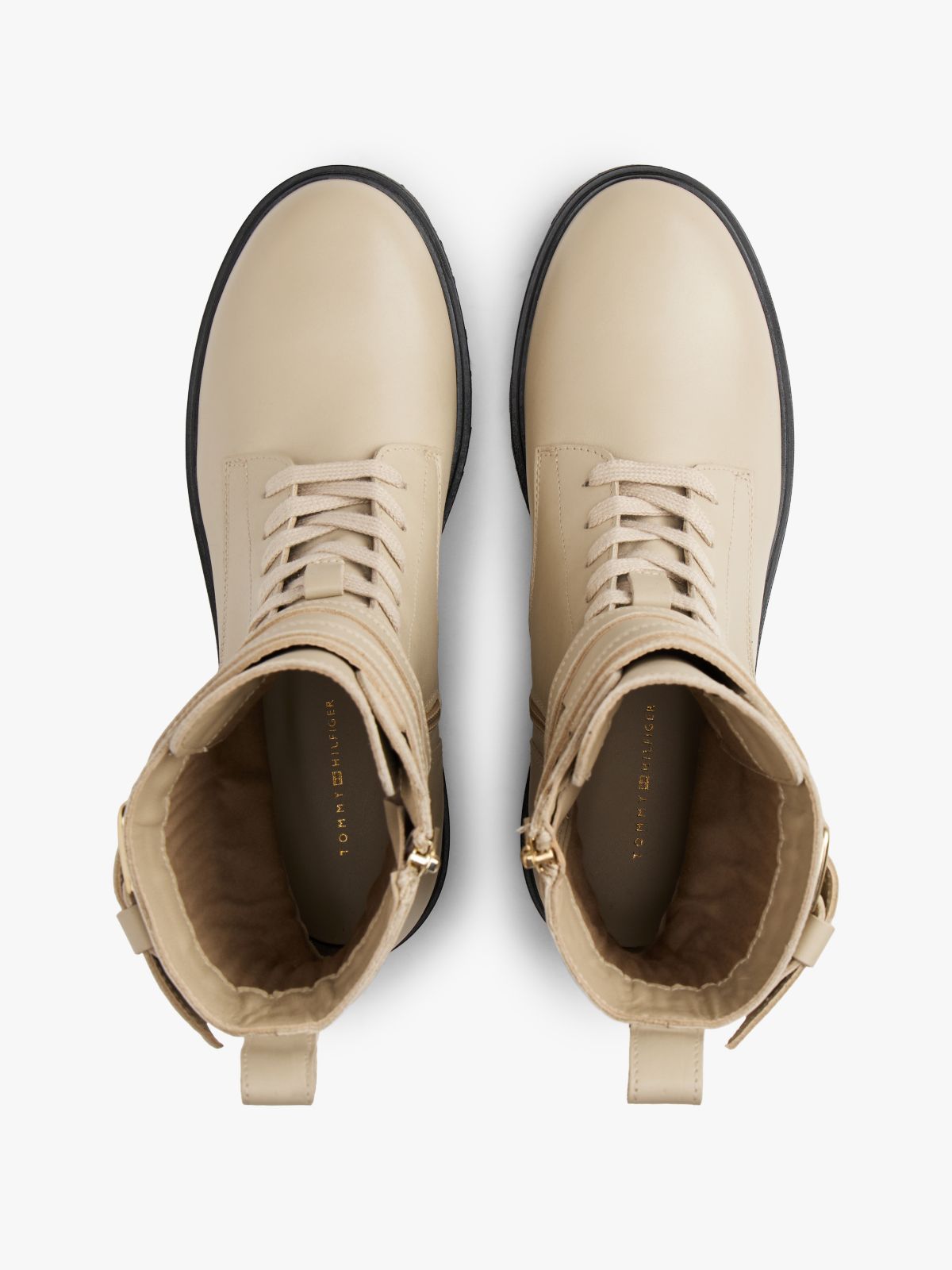 Leather Logo Cleat Biker Boots — Beige