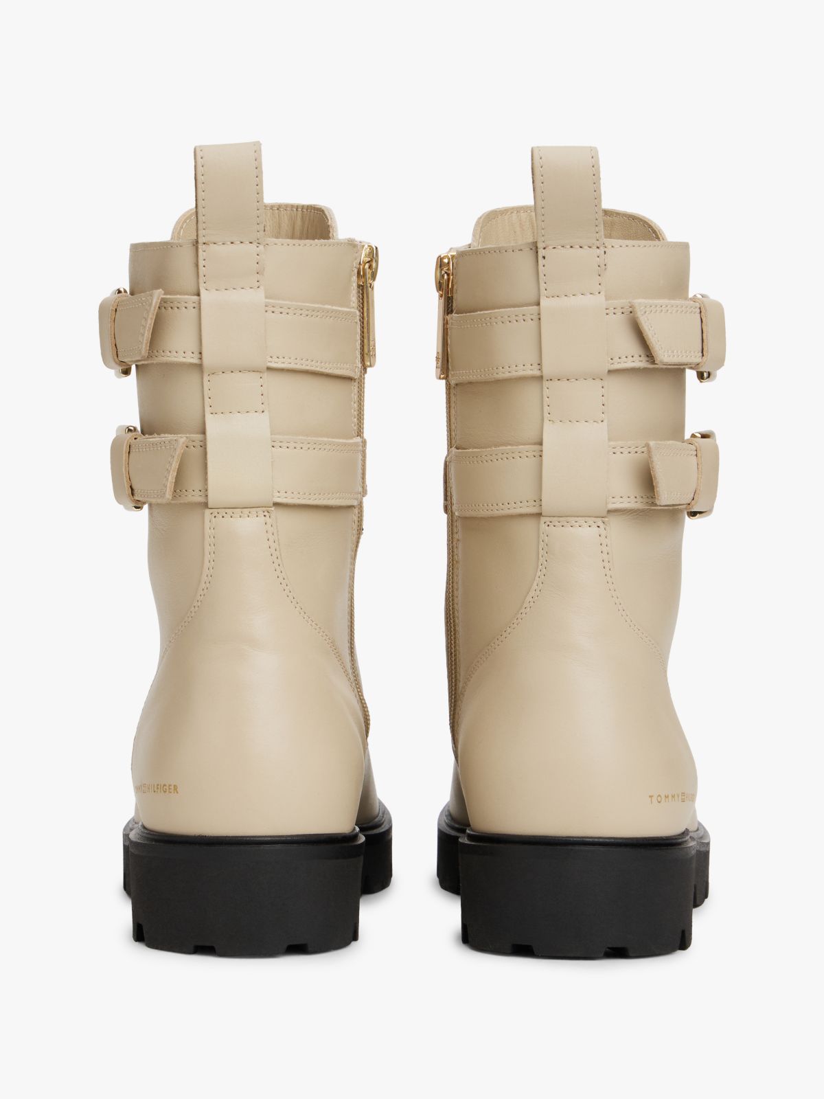 Leather Logo Cleat Biker Boots — Beige