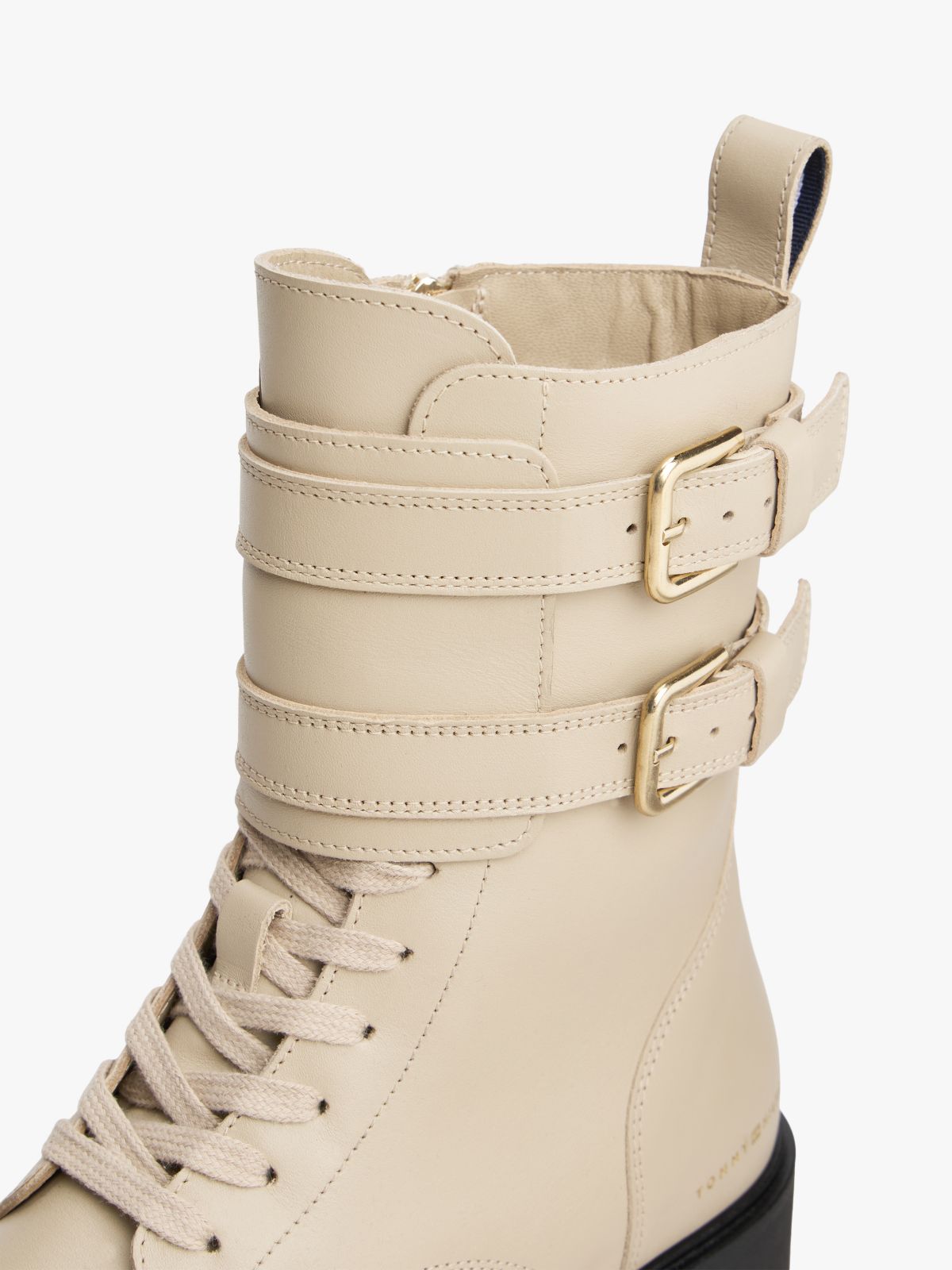 Leather Logo Cleat Biker Boots — Beige