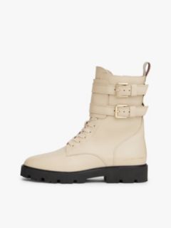 Leather Logo Cleat Biker Boots — Beige 7