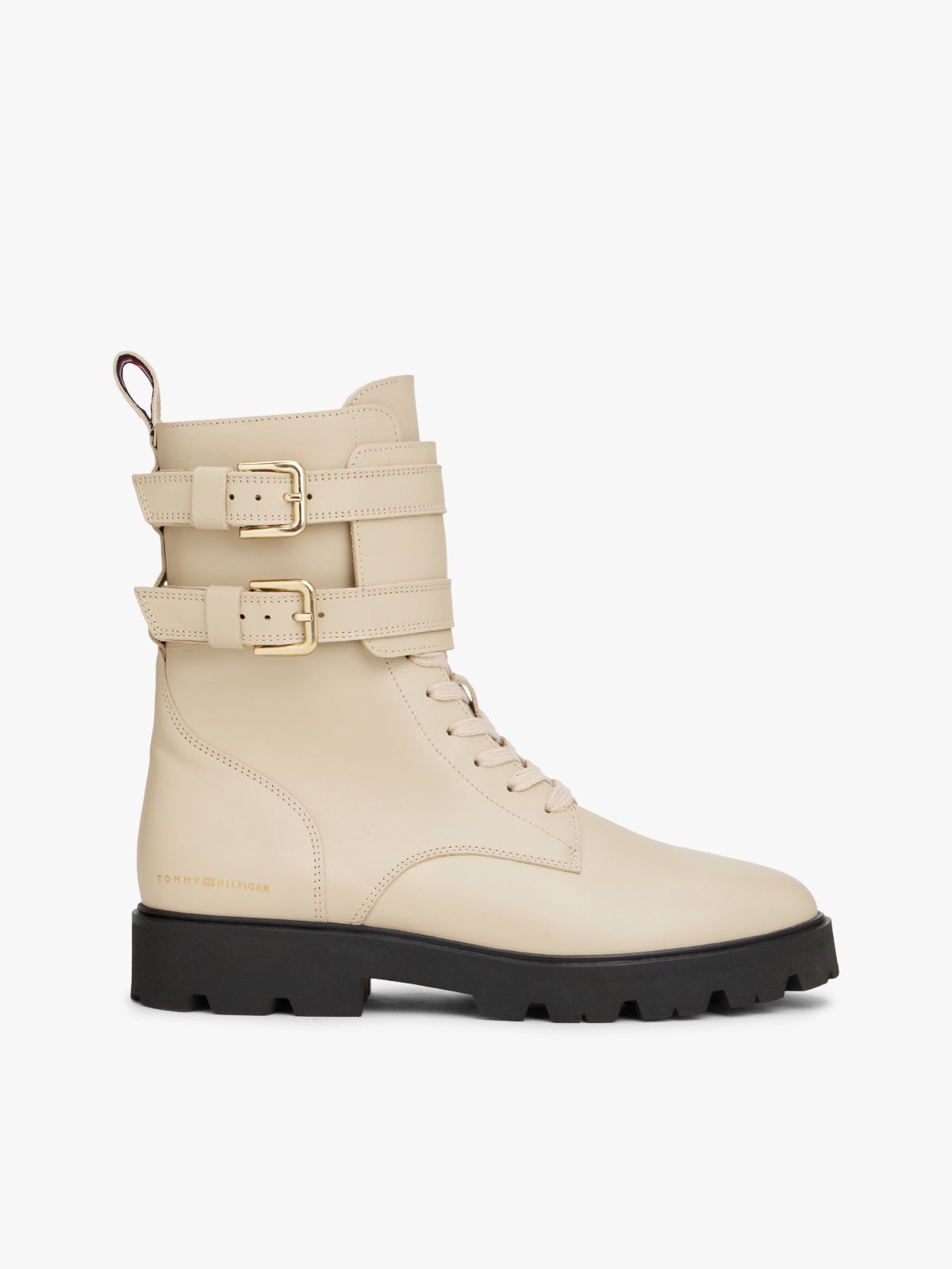 Leather Logo Cleat Biker Boots — Beige