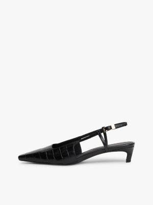 black croco-print slingback kitten heels with leather for women tommy hilfiger