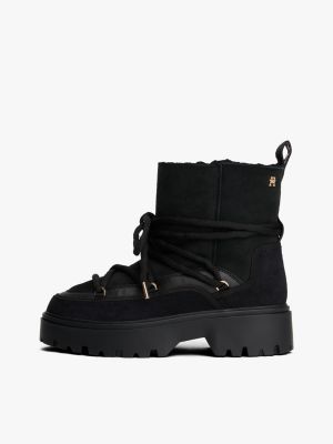 scarponcini da neve in pelle con monogramma nero da donne tommy hilfiger
