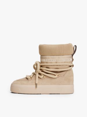 beige water repellent lace-up snow boots for women tommy hilfiger