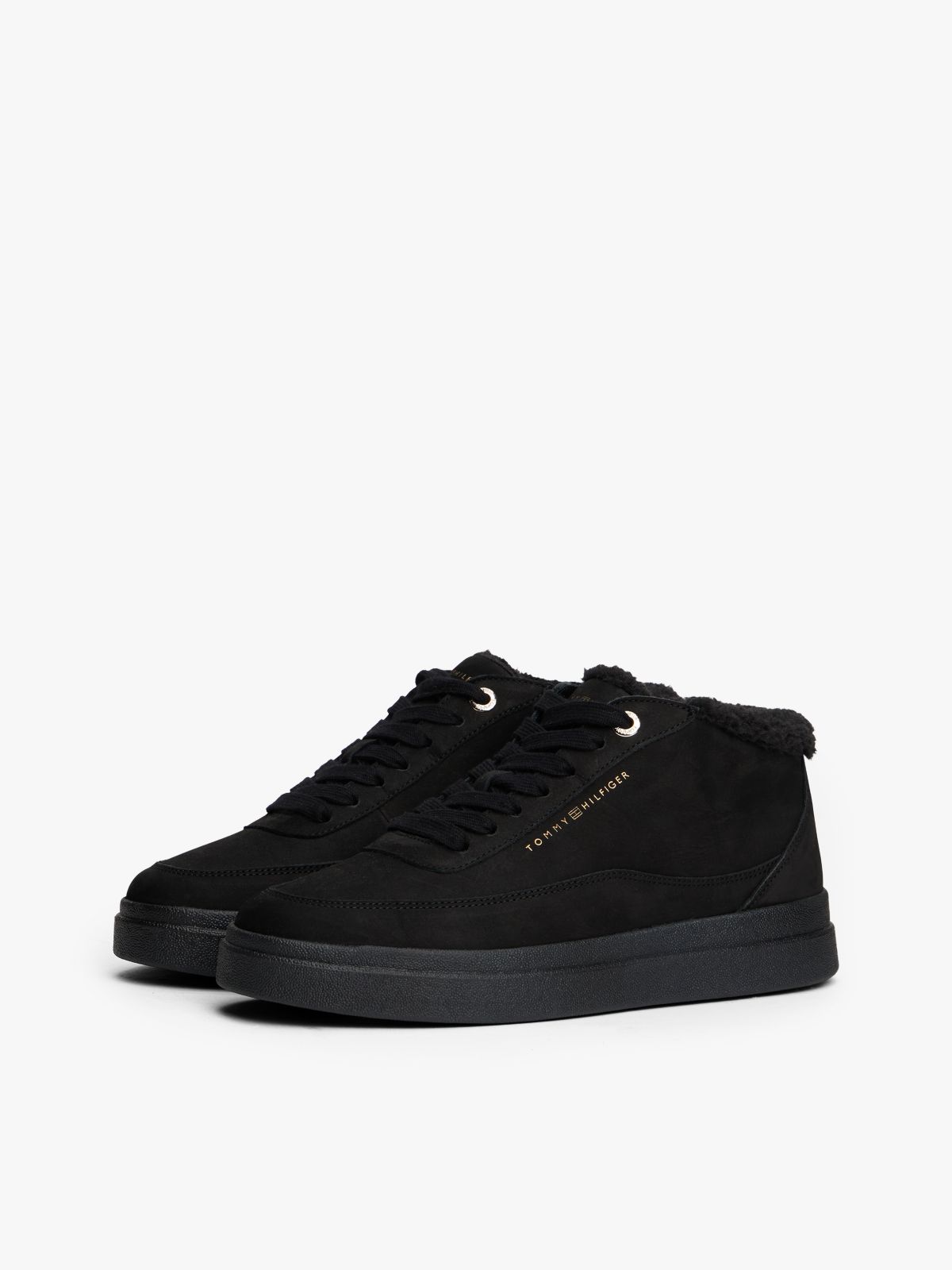 Leather Mid-Top Warm Lined Court Trainers — Black