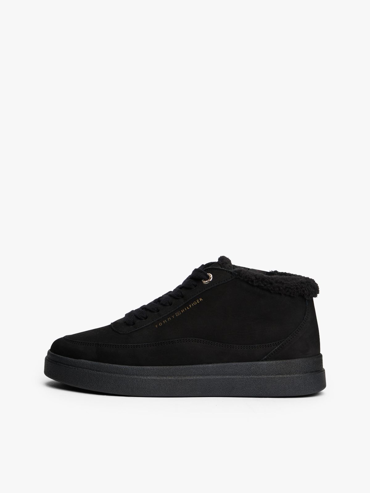Leather Mid-Top Warm Lined Court Trainers — Black