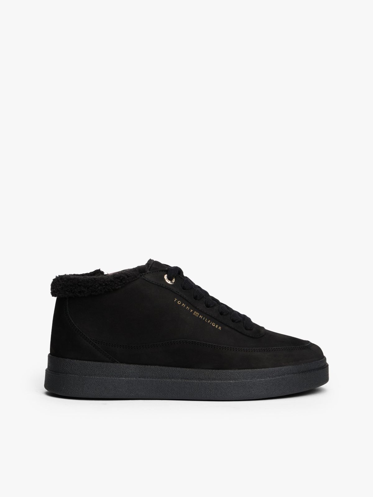 Leather Mid-Top Warm Lined Court Trainers — Black