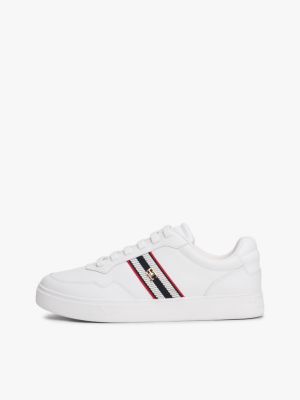 baskets en cuir à détail en toile à rayures blanc pour femmes tommy hilfiger