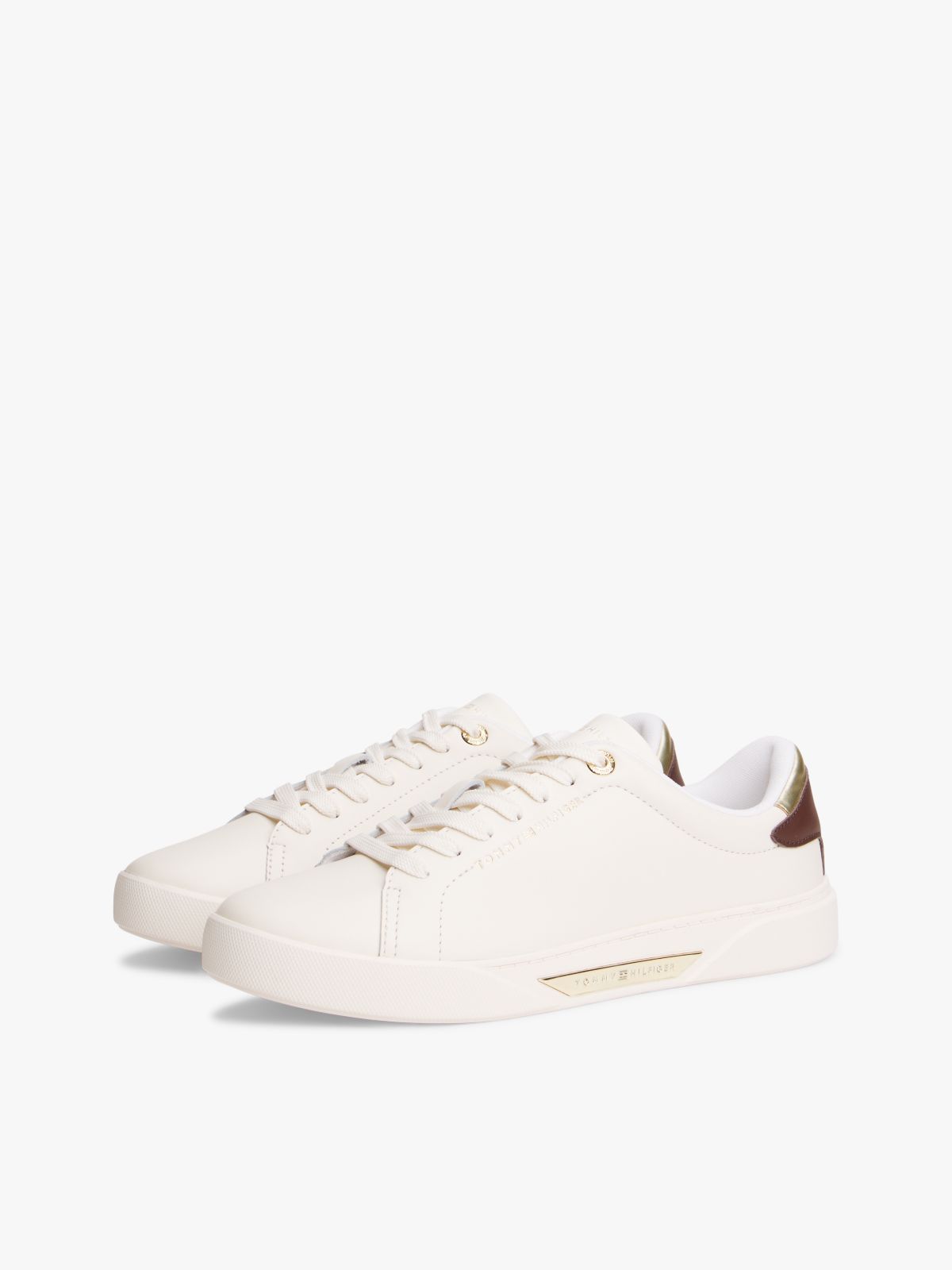 Leather Logo Plaque Court Trainers — Beige
