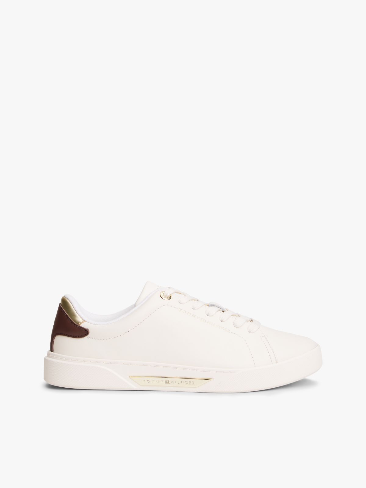 Leather Logo Plaque Court Trainers — Beige