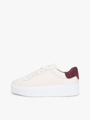 beige leren cupsole sneaker met plateauzool voor dames - tommy hilfiger