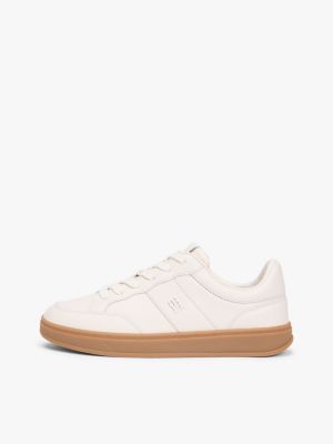 beige th monogram leather court trainers for women tommy hilfiger