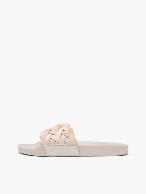 khaki th monogram braided strap pool slides for women tommy hilfiger