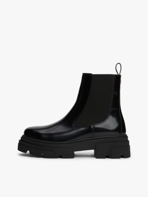 black shiny leather cleat chelsea boots for women tommy hilfiger