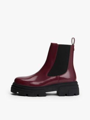 burgundy shiny leather cleat chelsea boots for women tommy hilfiger