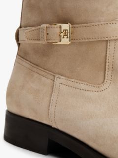 Suede Ankle Strap Riding Boots — Beige 6