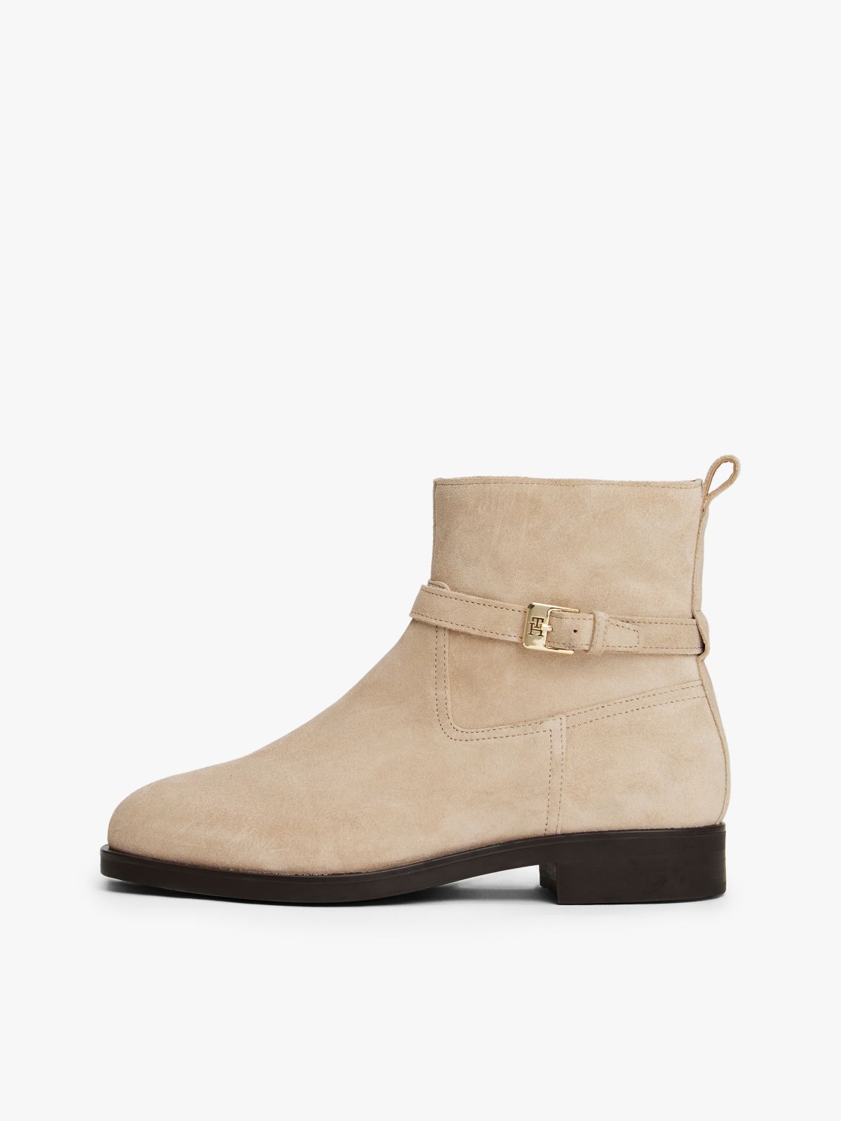 Suede Ankle Strap Riding Boots — Beige